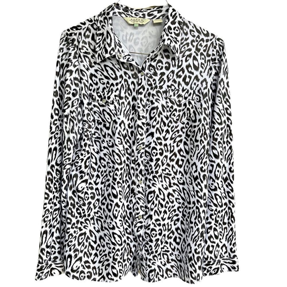 Roper Women Size XL Snow Leopard Gem Stones Button Up Tunic Top Collared Western